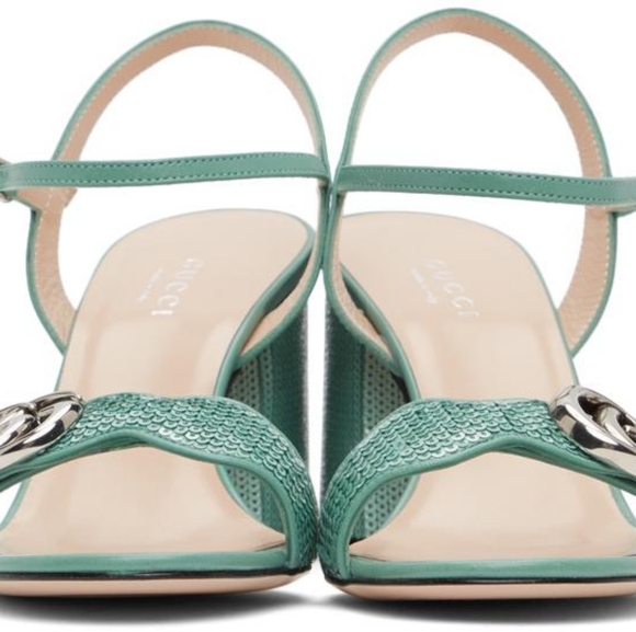 Gucci Green Sequin Gg Marmont Mid Heeled Sandals - Picture 6 of 13